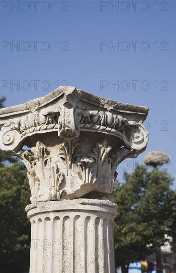 Selcuk, Izmir Province, Turkey. Detail of Corinthian column at the site of the Temple of Artemis once considered one of the seven wonders of the ancient world. Turkey Turkish Eurasia Eurasian Europe Asia Turkiye Izmir Province Selcuk Temple Artemis Corinthian Column 1 7 Blue Destination Destinations European History Historic Middle East Single unitary South Eastern Europe Western Asia