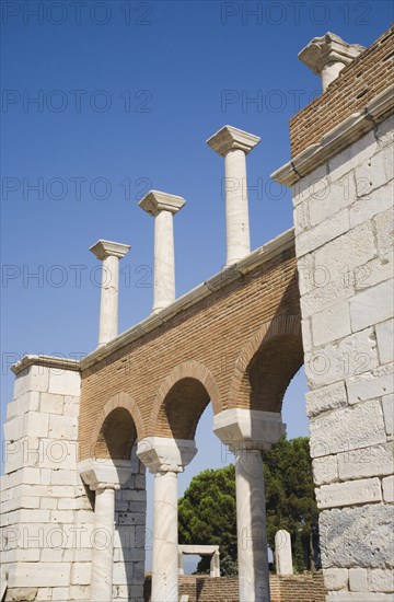 Selcuk, Izmir Province, Turkey. Partially reconstructed wall of the 6th century Basilica of St. John the Apostle. Turkey Turkish Eurasia Eurasian Europe Asia Turkiye Izmir Province Selcuk Basilica St Saint John Apostle Ruin Ruins Restored Reconstructed Destination Destinations European History Historic Middle East South Eastern Europe Western Asia