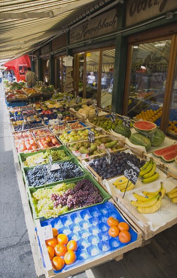 Vienna, Austria. The Naschmarkt. Display of fresh fruit for sale outside shopfront. Austria Austrian Republic Vienna Viennese Wien Europe European City Capital Naschmarkt Market Display Stall Store Shop Fruit Fresh Food Destination Destinations Osterreich Viena Western Europe