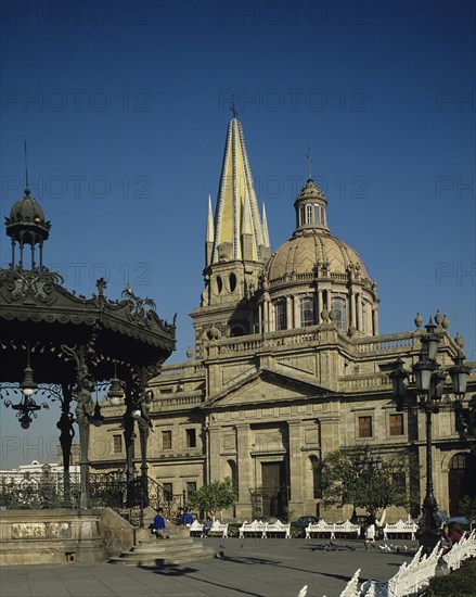 Guadalajara, Jalisco State, Mexico. Cathedral and square. Mexico Mexican Latin America Central Jalisco State Guadalajara Architecture Religious Religion Building Church Cathedral Christian Christianity Square Bandstand American Blue Destination Destinations Hispanic Latin America Latino Northern Religion Religious Christianity Christians