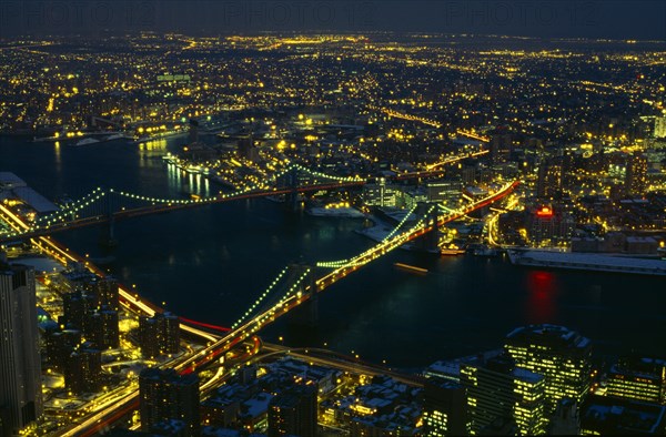 New York City, New York State, USA. Aerial view across Manhattan at night. American Nite North America Northern United States of America