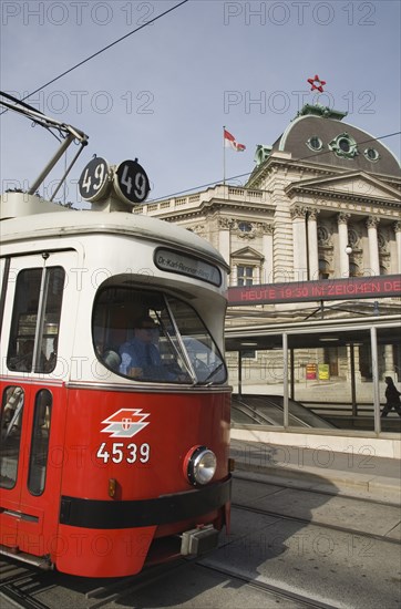 Vienna, Austria. Neubau District. Early model of Wiener Linien tram at the Volkstheater. Austria Austrian Republic Vienna Viennese Wien Europe European City Capital Neubau District Transport tram Urban Wiener Linien Volkstheater Color Destination Destinations Osterreich Viena Western Europe