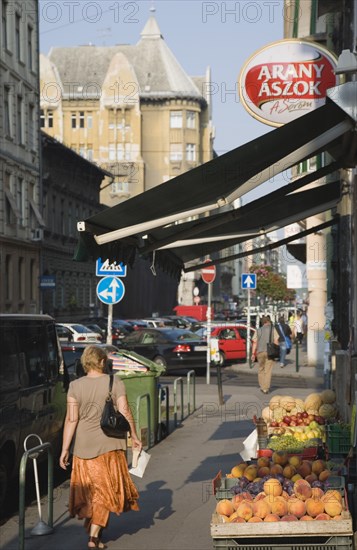 Budapest, Pest County, Hungary. Woman walking past local grocer and fruit display under black awning on street lined with parked cars behind Budapest Nyugati palyaudvar rail terminus. Hungary Hungarian Europe European East Eastern Buda Pest Budapest City Nyugati Palyaudvar Street Fruit Stall Woman Shop Store Automobiles Autos Destination Destinations Eastern Europe Female Women Girl Lady