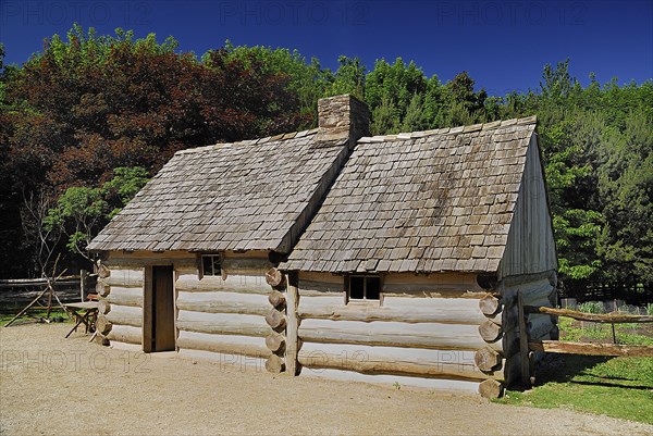 Omagh, County Tyrone, Ireland. Ulster American Folk Park Typical Pennsylvania Log Cabin. Ireland Irish Eire Erin Europe European North Northern County Tyrone Omagh Ulster American US Folk Park Museum Living Tour Tourism Tourist Attraction Travel Typical Traditional Log Cabin Hut House Home Logs Architecture Exterior Facade Wood Wooden Blue Classic Classical Color Destination Destinations Gray Historical History Historic Keystone State Northern Europe Older Poblacht na hEireann Republic Sightseeing Tourists Colour Grey Holidaymakers