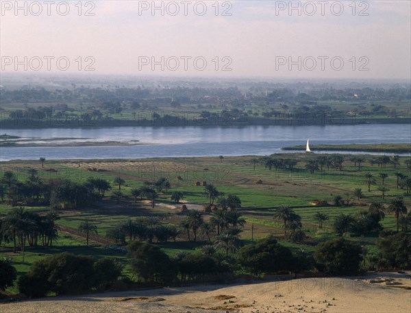 Beni Hasan, Nile Valley, Egypt. View over agricultural land in the flood plain of the River Nile African Farming Agraian Agricultural Growing Husbandry Land Producing Raising Middle East North Africa Scenic