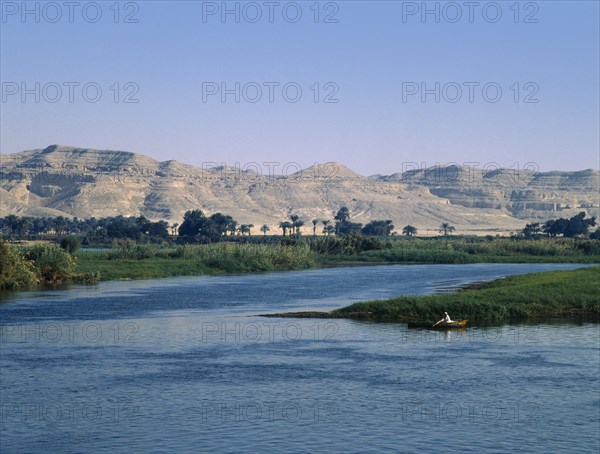 Beni Hasan, Nile Valley, Egypt. View over River nile and its fetile flood plain. Middle East North Africa
