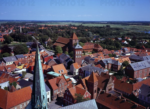 Denmark, Jutland, Ribe, View north-east over city rooftops from the twelth century Domkirke tower. Ribe is Scandinavias oldest town dating from about 700 AD.
