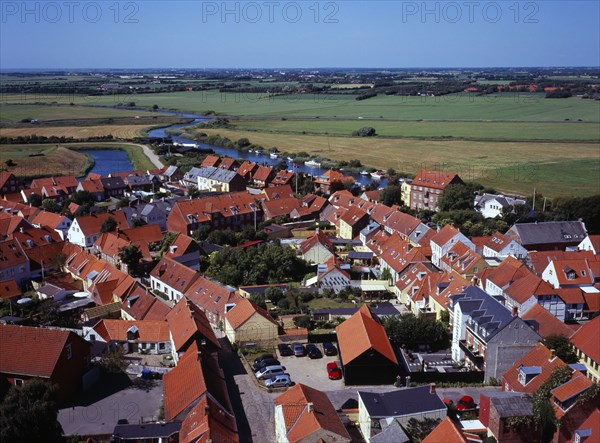 Denmark, Ribe, View west over city rooftops towards farmland and the River Ribea from the twelth century Domkirke tower. Ribe is Scandinavias oldest town dating from about 700 AD.