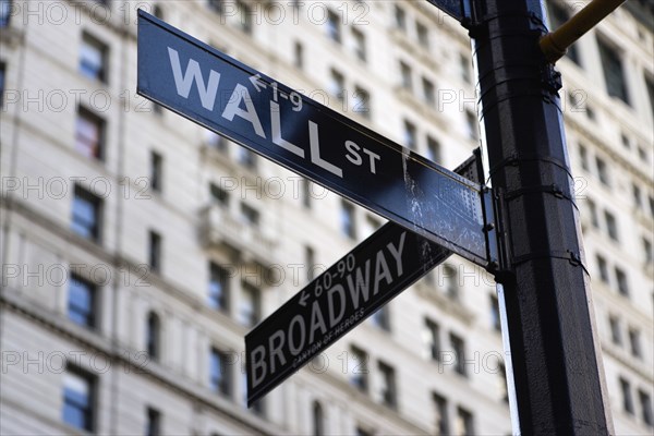 USA, New York, New York City, Manhattan  Street signs for Wall Street and Broadway in the financial district.