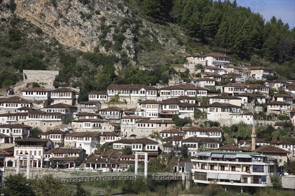 Albania, Berat, Traditional Ottoman buildings across hillside overlooking footbridge over the River Osum.