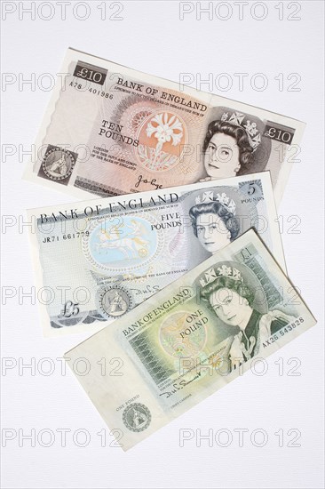 Business, Finance, Money, English old ten  five and one pound notes.