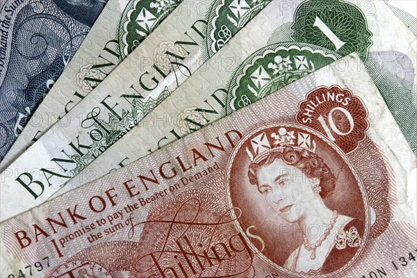Business, Finance, Money, A collection of Bank of England notes of various denominations from 1966 to 1970.