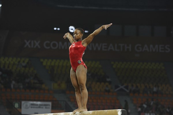 India, Delhi, 2010 Commonwealth Games  Female gymnastics  beam exercise.