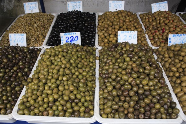 Albania, Tirane, Tirana, Display of olives for sale in the Avni Rustemi Market.