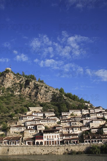 Albania, Berat, Traditional Ottoman buildings on hillside above the River Osum.
