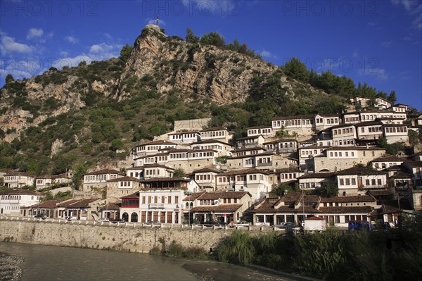 Albania, Berat, Traditional Ottoman buildings on hillside above the River Osum.