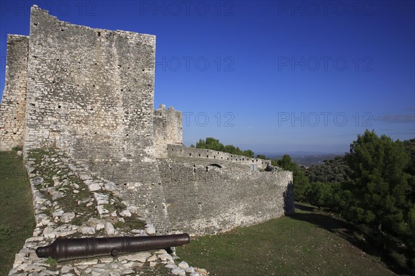 Albania, Berat, Ancient castle battlements with cannon on the walls.
