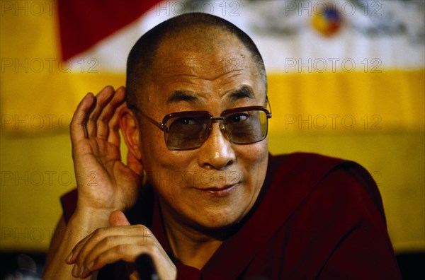 China, Tibet, Buddhism, Portrait of the 14th Dalai Lama in exile.