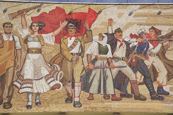 Albania, Tirane, Tirana, Detail of mosaic on the exterior facade of the National History Museum representing the historical development of Albania.