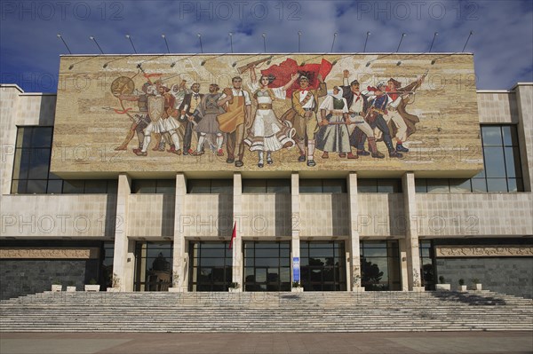 Albania, Tirane, Tirana, National History Museum exterior facade with mosaic representing the historical development of Albania above entrance.