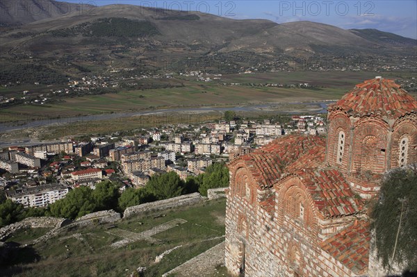 Albania, Berat, St Triada Church with view over the town and River Osun.