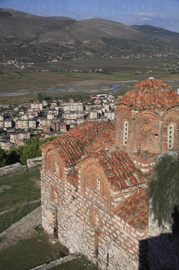 Albania, Berat, St Triada Church with view over the town and River Osun.