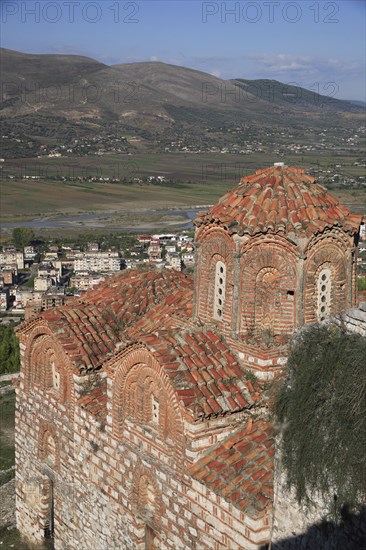 Albania, Berat, St Triada Church with view over the town and River Osun.