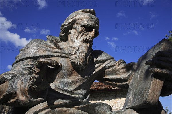 Albania, Berat, Portrait statue of Onufri  sixteenth century painter of Byzantine style icons in the Citadel Museum.