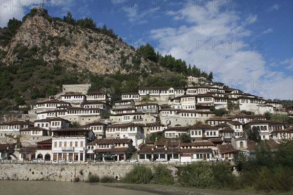 Albania, Berat, Ottoman houses overlooking the Osum River.