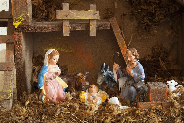 Festivals, Religious, Christmas, Nativity crib scene with small plastic figures.