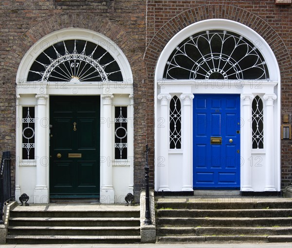 Ireland, County Dublin, Dublin City, Green and blue Georgian doors in the city centre south of the Liffey River.