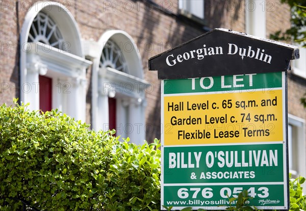 Ireland, County Dublin, Dublin City, To let sign outside Georgian properties in the city centre south of the Liffey River.