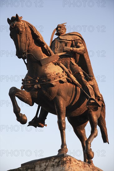Albania, Tirane, Tirana, Equestrian statue of national hero George Castriot Skanderbeg also known as the Dragon of Albania.