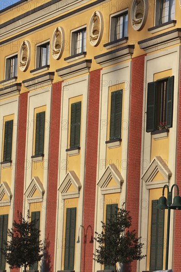 Albania, Tirane, Tirana, Detail of the facade to the government buildings on Skanderbeg Square.