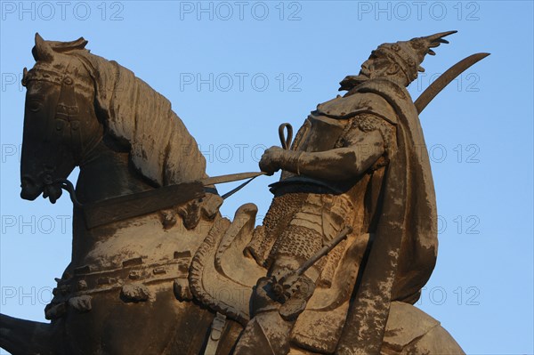 Albania, Tirane, Tirana, Part view of equestrian statue of the national hero George Castriot Skanderbeg.