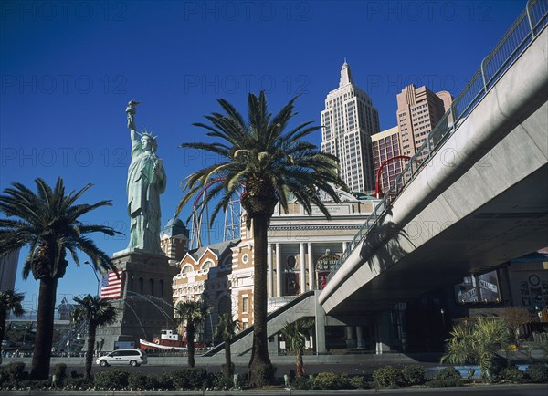 USA, Nevada, Las Vegas, New York New York hotel and casino with elevated walkway to MGM Grand.