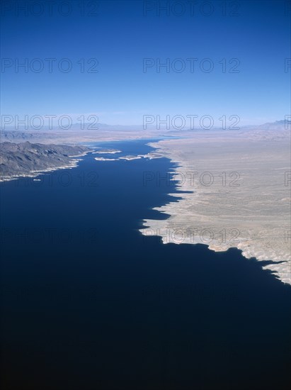 USA, Nevada, Lake Mead, Aerial view over Lake Mead and the desert landscape.