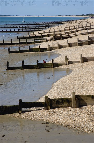 England, West Sussex, Bognor Regis, Wooden groynes at low tide used as sea defences against erosion of the shingle pebble beach.