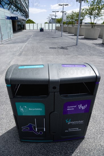 Ireland, County Dublin, Dublin City, Ballsbridge  Lansdowne Road  Aviva Stadium recycling waste containers outside the building.