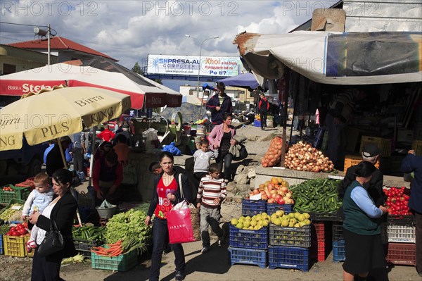 Albania, Tirane, Tirana, Busy market in the northern part of the city with street stalls selling fruit and vegetables.