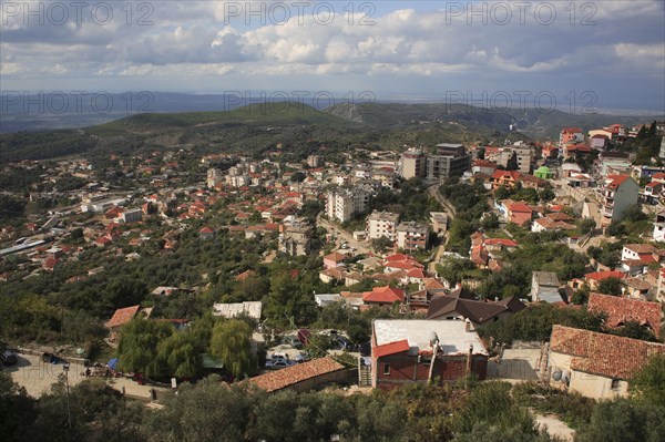 Albania, Kruja, Panoramic view over the town of Kruja and surrounding landscape.