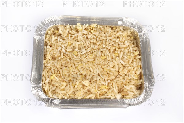 Food, Cooked, Rice, Take away Chinese egg fried rice in tin foil container.