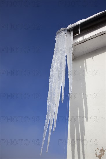 Weather, Winter, Ice, Large Icicles hanging from roof gutters.