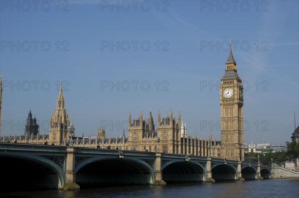 England, London, Westminster, View of the Houses of Parliament and Big Ben clock tower seen over the River Thames and Westminster Bridge