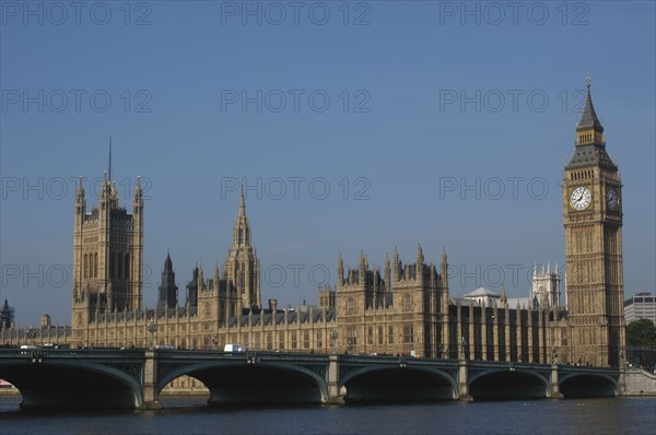 England, London, Westminster, View of the Houses of Parliament and Big Ben clock tower seen over the River Thames and Westminster Bridge
