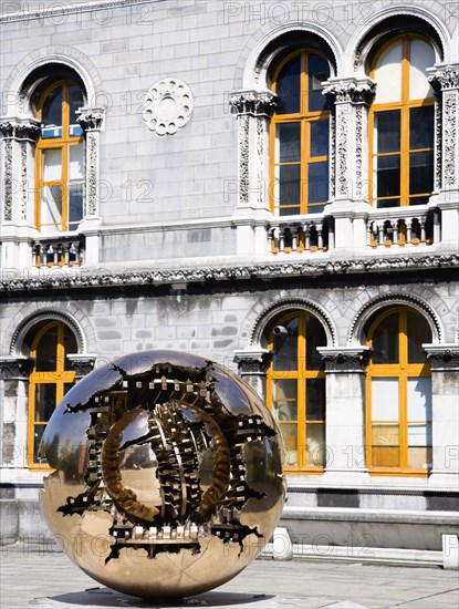 Ireland, County Dublin, Dublin City, Trinity College university Venetian Byzantine inspired Museum Building housing the Geology Department designed by Thomas Deane and Benjamin Woodward and built in 1853-57 and the sculpture Sphere Within Sphere by Arnald