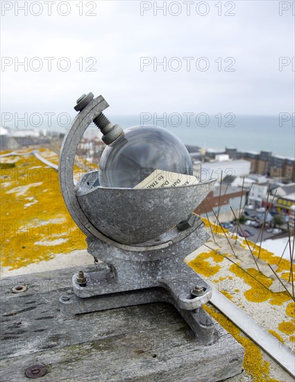 Climate, Weather, Measurements, CampbellStokes sunshine recorder or Stokes sphere on the top of the tallest building in Bognor Regis used by weather observers to monitor the hours of sunshine.