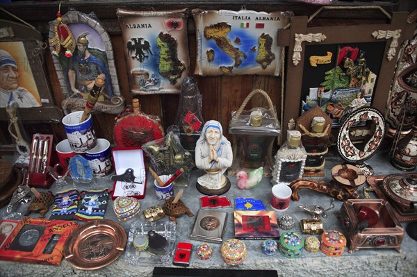 Albania, Kruja, Souvenir shops in the cobbled market bazaar in the old town.