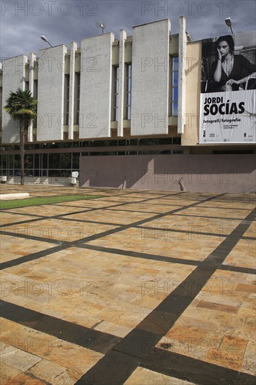 Albania, Tirane, Tirana, National Art Gallery exterior facade with advertising for photography exhibition.