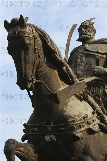 Albania, Tirane, Tirana, Part view of equestrian statue of George Castriot Skanderbeg  the national hero of Albania.